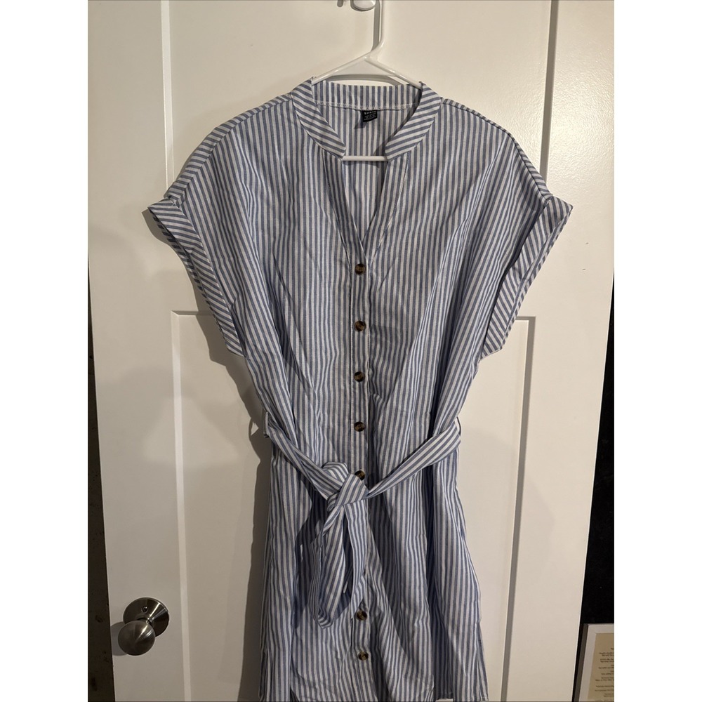 SHEIN LUNE Blue White Vertical Striped Batwing Sleeve Belted Midi Dress XL